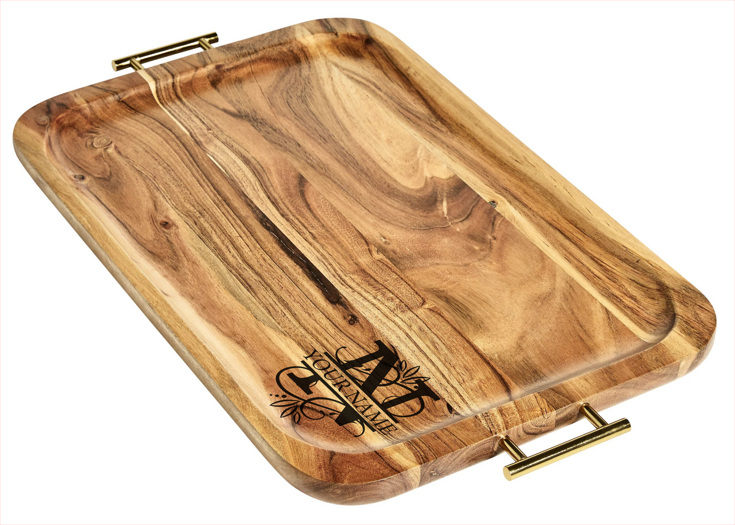 Acacia Wood Serving Tray with Engraved Monogram