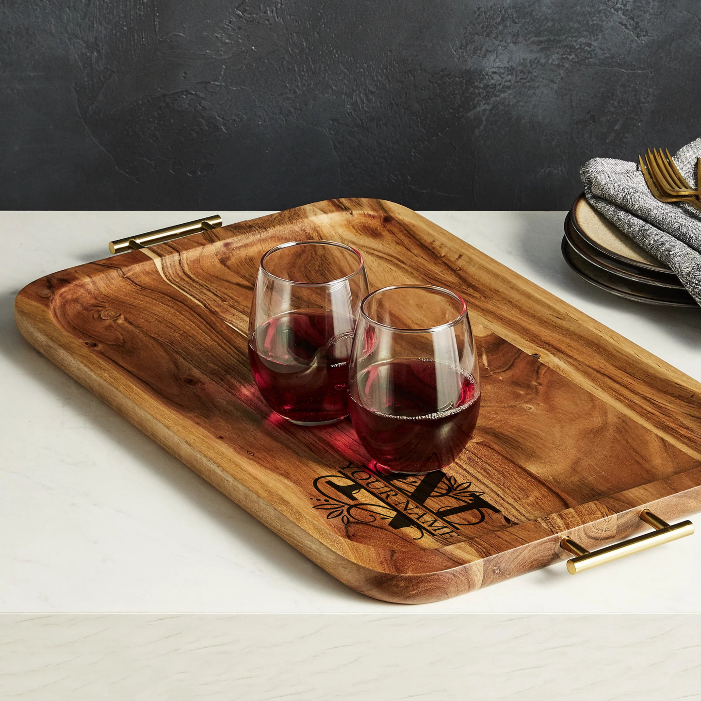 Acacia Wood Serving Tray with Engraved Monogram